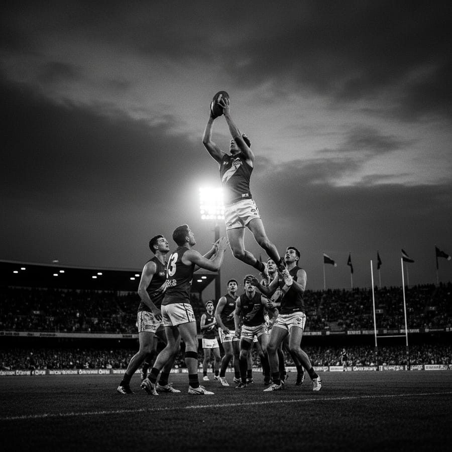 An AFL player takes a mark under stadium lights