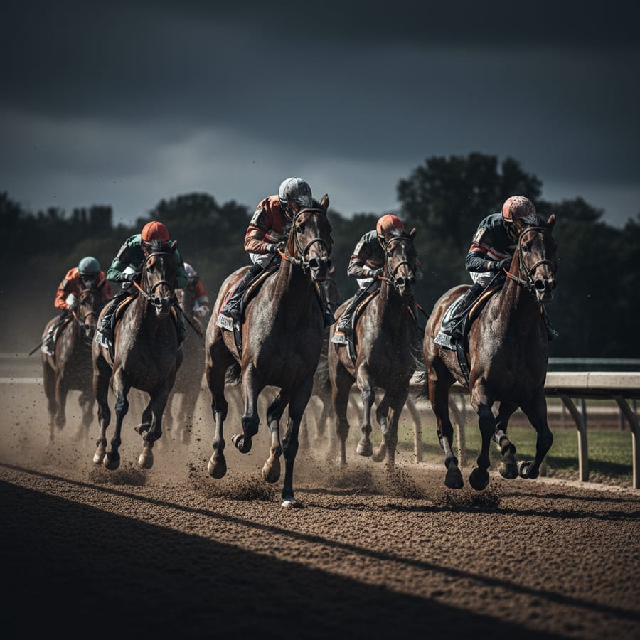 Horses and jockeys mid-race on the track