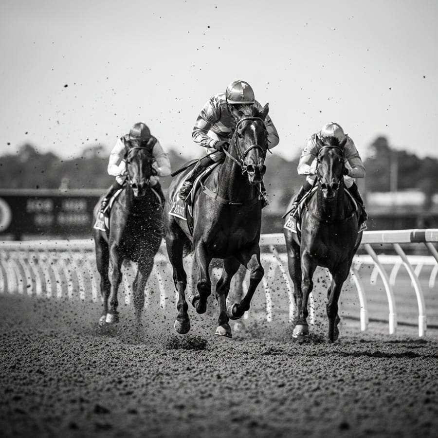Thoroughbreds at full gallop on the home straight